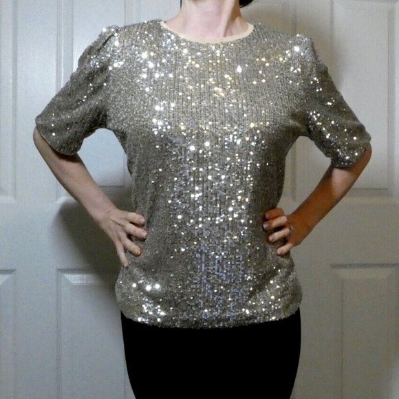 NWT Silver Blouse Sequin Top M&S Valentine Day, Dinner, Dance, Party Events Sz 8 - Picture 1 of 11